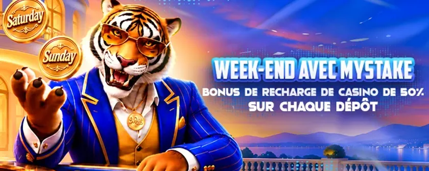 Bannière Week-end avec Mystake, bonus de recharge casino de 50 %