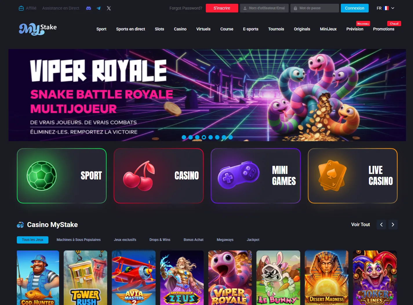 Page d'accueil de Mystake Casino avec le menu, les rubriques Sport, Casino, Mini Games et Live Casino et la sélection de jeux