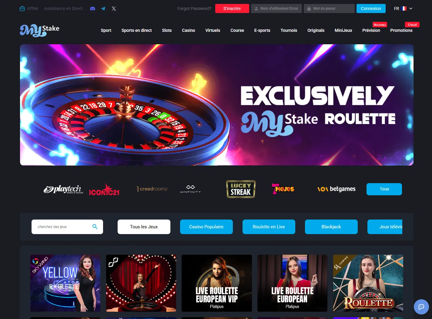 Lobby du casino en direct Mystake avec la roulette exclusive et les logos Playtech, Iconic21 et CreedRoomz