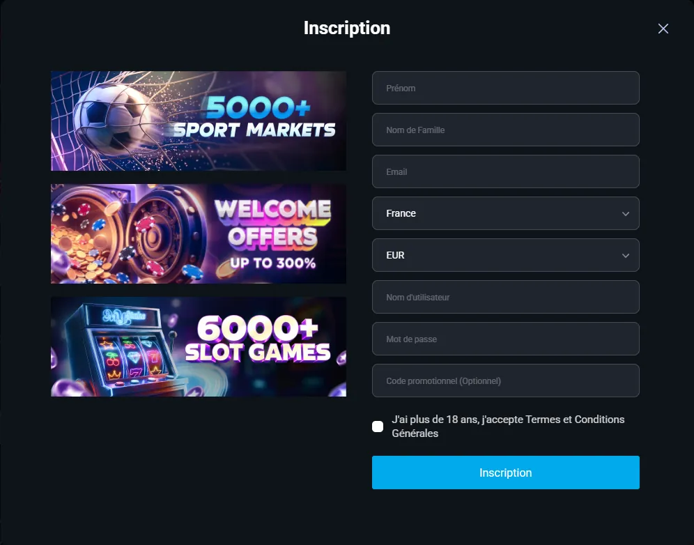 Formulaire d'inscription Mystake avec la France et l'euro présélectionnés et le champ code promotionnel