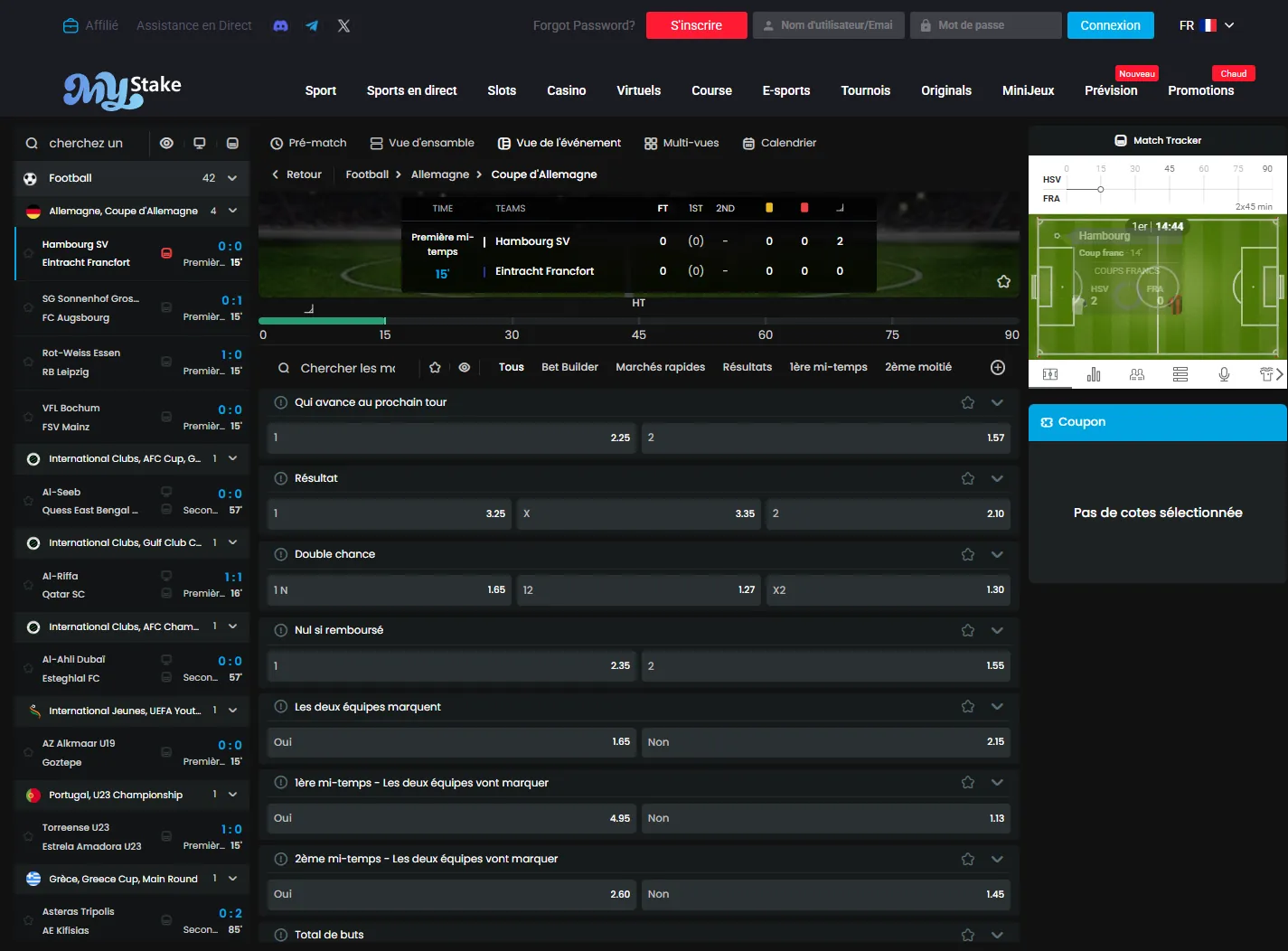 Match en direct Hambourg contre Eintracht Francfort en Coupe d'Allemagne sur Mystake avec le Match Tracker et les marchés