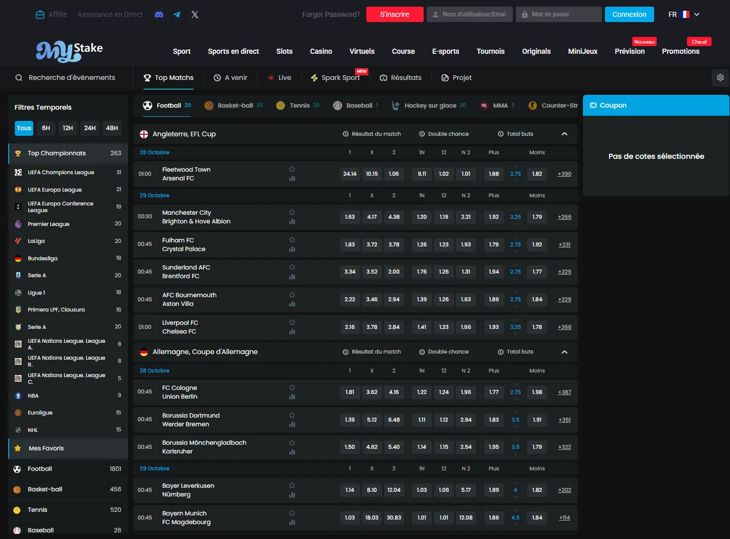Page des paris sportifs Mystake sur ordinateur avec la liste des sports, le nombre de matchs et les cotes d'avant-match