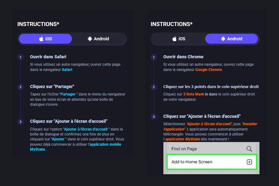 Instructions officielles de Mystake pour installer l'application sur iOS avec Safari et sur Android avec Chrome