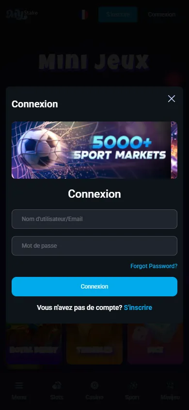 Fenêtre Connexion de Mystake sur mobile avec les champs nom d'utilisateur, mot de passe et le lien S'inscrire