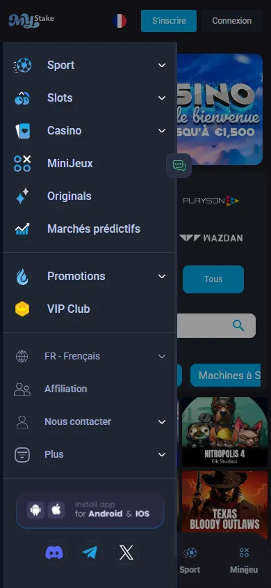 Menu mobile de Mystake avec Sport, Slots, Casino, MiniJeux, VIP Club et le bouton Install app for Android et iOS