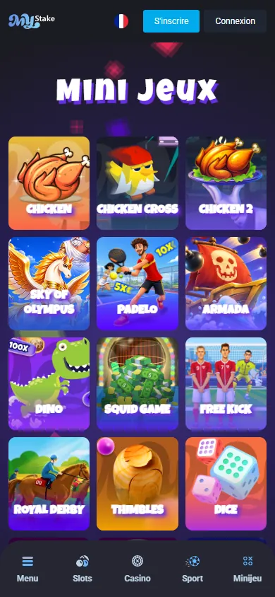 Page Mini Jeux de Mystake sur smartphone avec Chicken, Chicken Cross, Plinko et la barre de navigation du bas