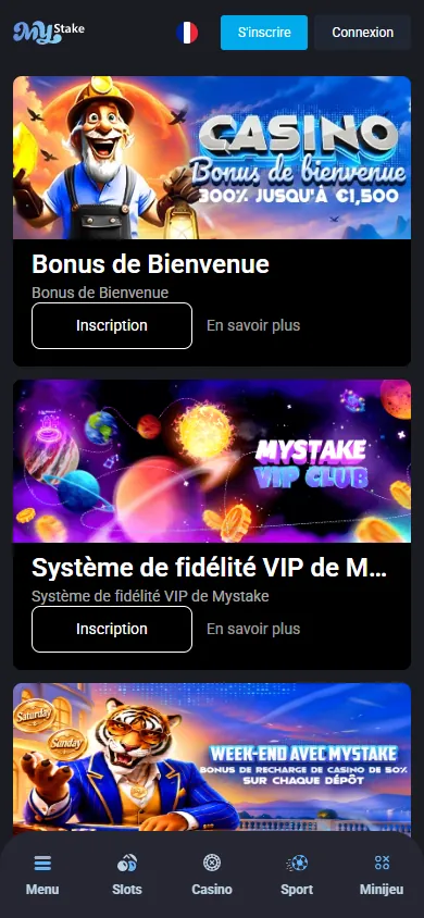 Page Promotions de Mystake sur mobile avec le bonus de bienvenue casino et le club VIP
