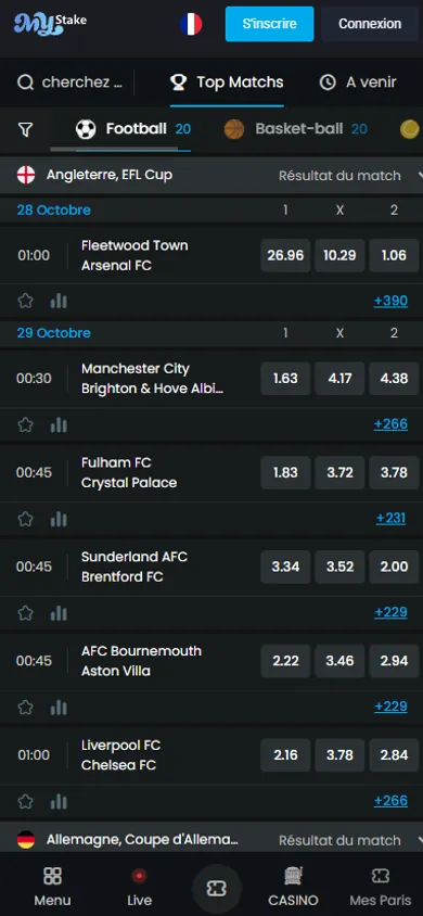 Onglet Top Matchs de Mystake sur mobile avec des matchs de Coupe de la Ligue anglaise et leurs cotes 1X2